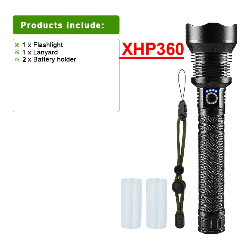 Lanterna XHP360 Super Brilhante - 15.000.000 LM - USB Recarregável