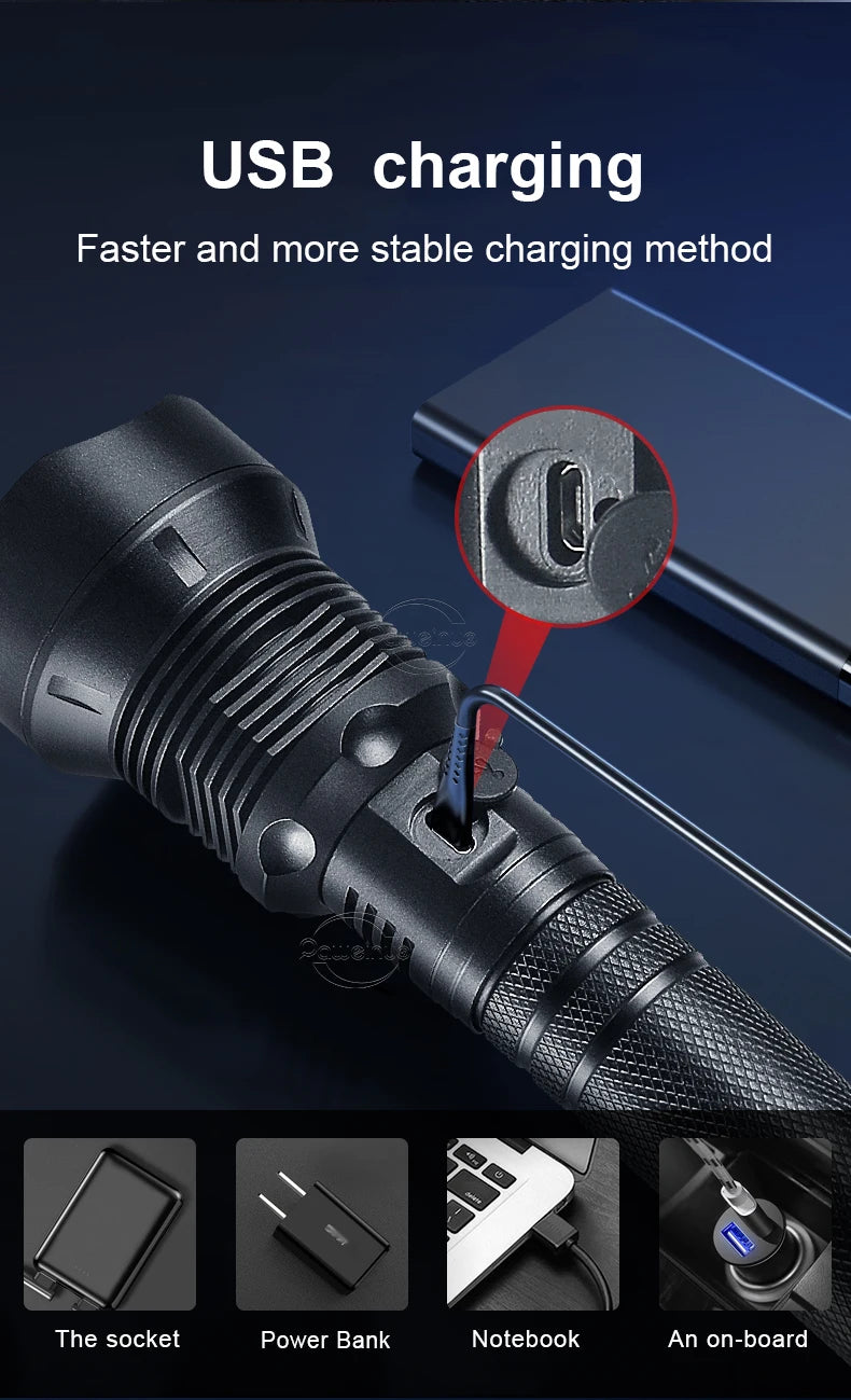 Lanterna XHP360 Super Brilhante - 15.000.000 LM - USB Recarregável