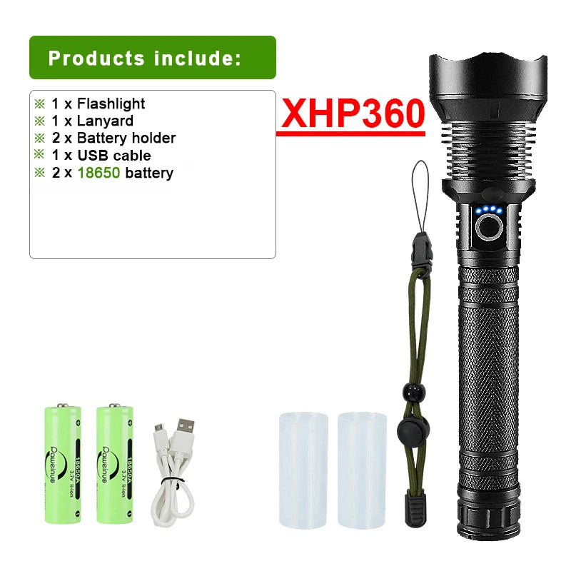 Lanterna XHP360 Super Brilhante - 15.000.000 LM - USB Recarregável