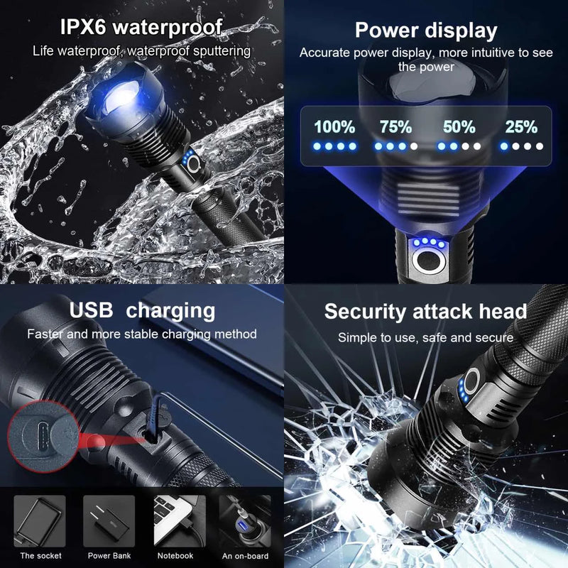 Lanterna XHP360 Super Brilhante - 15.000.000 LM - USB Recarregável