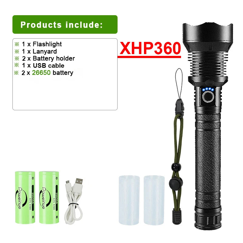 Lanterna XHP360 Super Brilhante - 15.000.000 LM - USB Recarregável