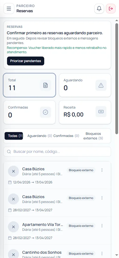 Area real de reservas do parceiro